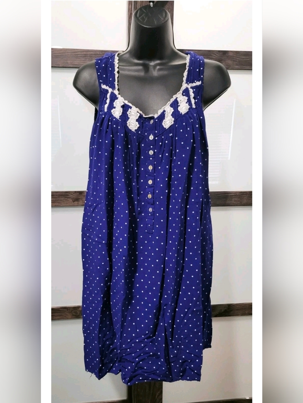Eileen West Blue White Polkadot Chemise Nightgown Sleeveless sz S